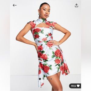 NWT! Size 14 mandarin style collar satin floral print dress. Light blue w roses